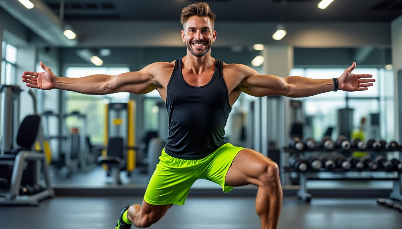 Homme souriant en equilibre sur une jambe bras ouverts dans une salle de musculation