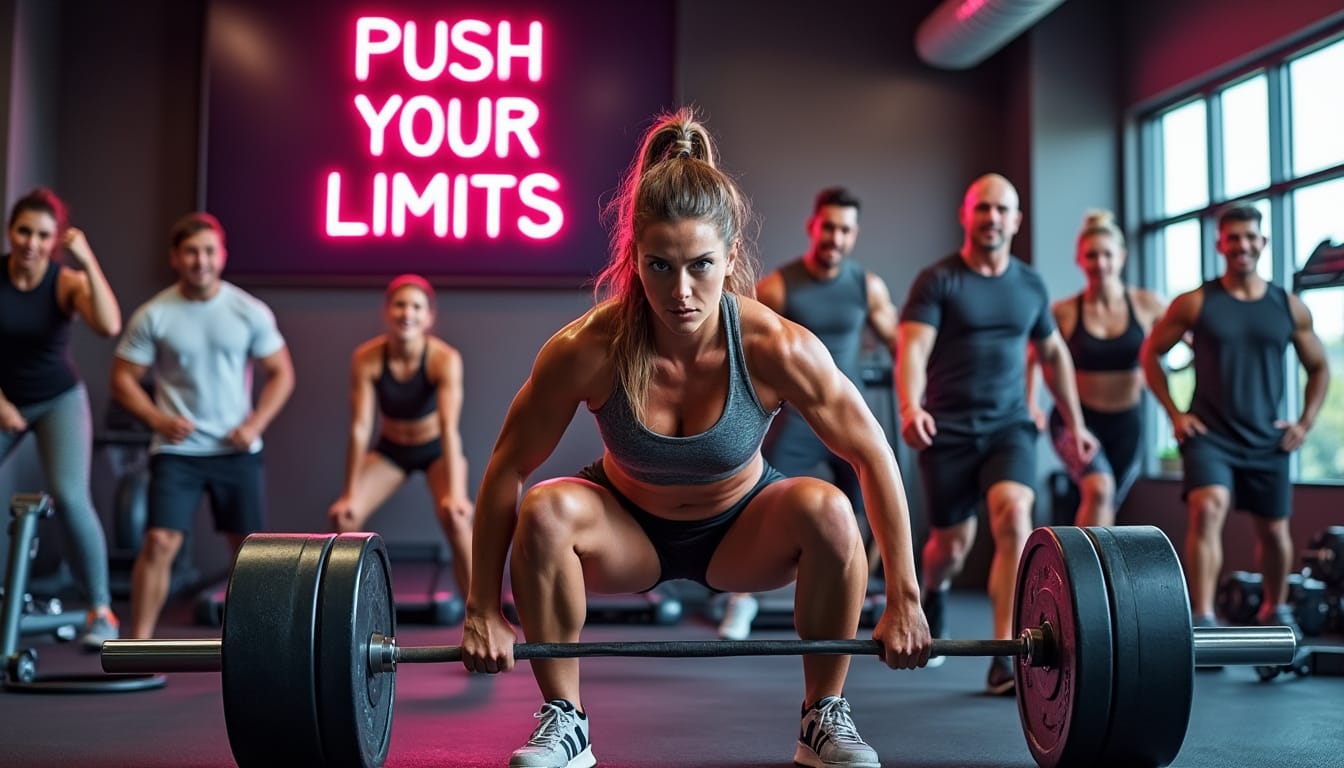 Femme soulevant une barre en position de deadlift sous une enseigne neon rose