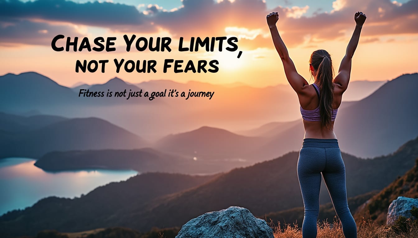 Sportive bras leves face au coucher de soleil en montagne avec citation motivante