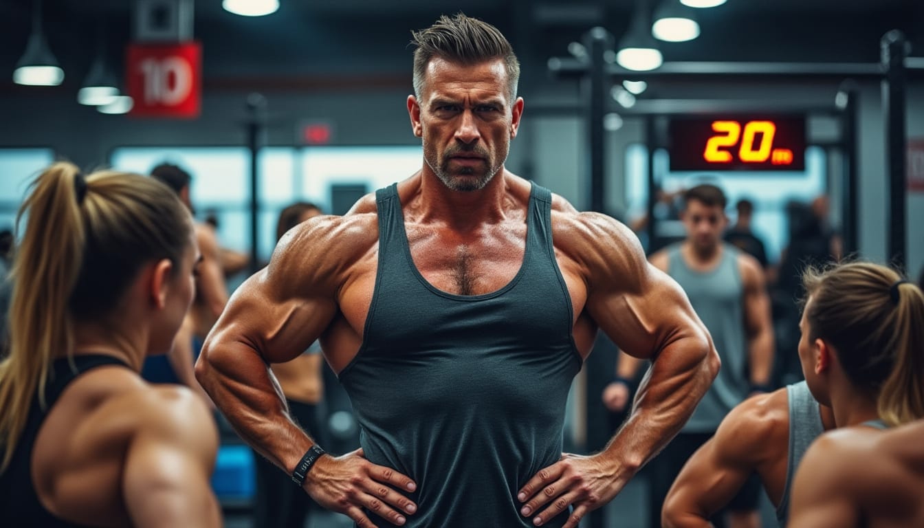 Coach muscle imposant face a deux sportives dans une salle de crossfit