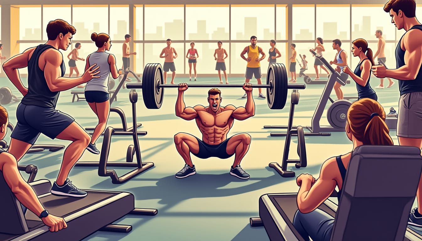 Illustration de sportifs s'entrainant avec barre, tapis de course et machines en salle
