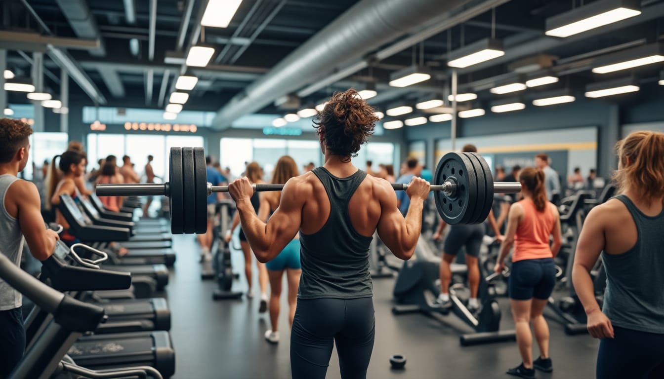 Homme vu de dos portant une barre chargee dans une salle de fitness bondee
