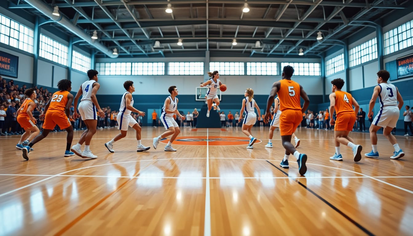 Match de basket en gymnase avec joueurs en maillots blancs et orange