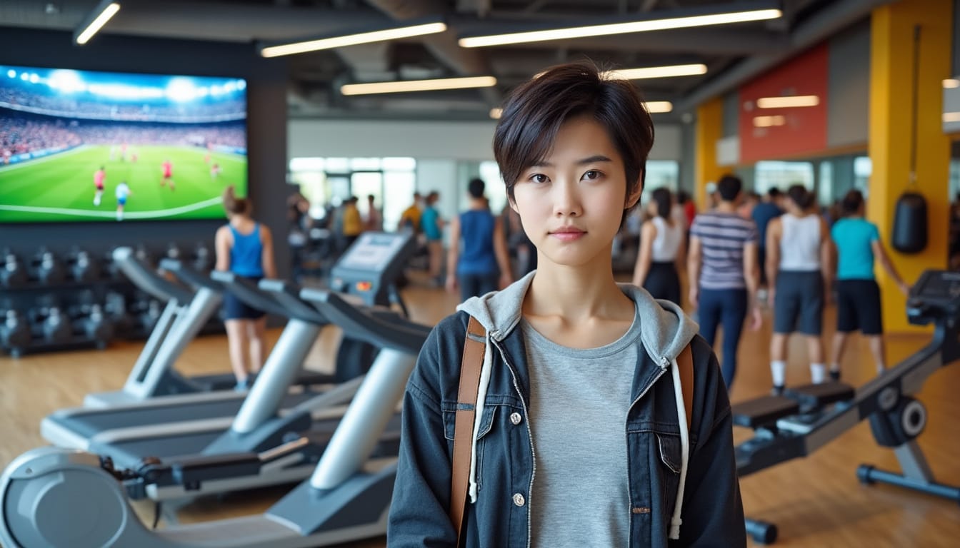 Jeune femme avec sac a dos dans une salle de sport avec tapis de course et ecran