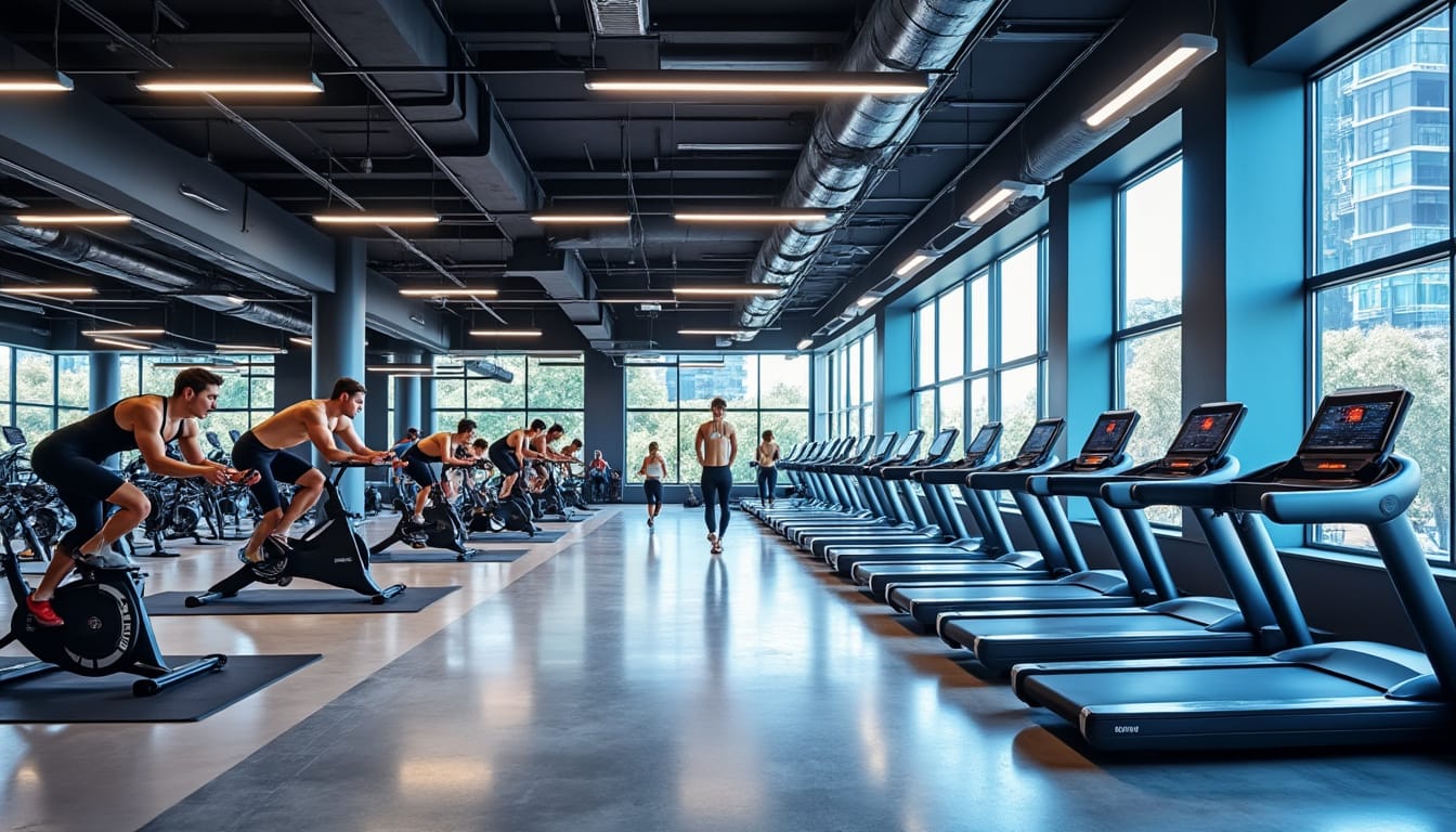 Grande salle de fitness moderne avec velos stationnaires et tapis de course alignes