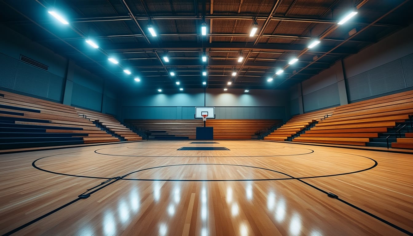 Gymnase vide avec terrain de basket en bois, panier et gradins