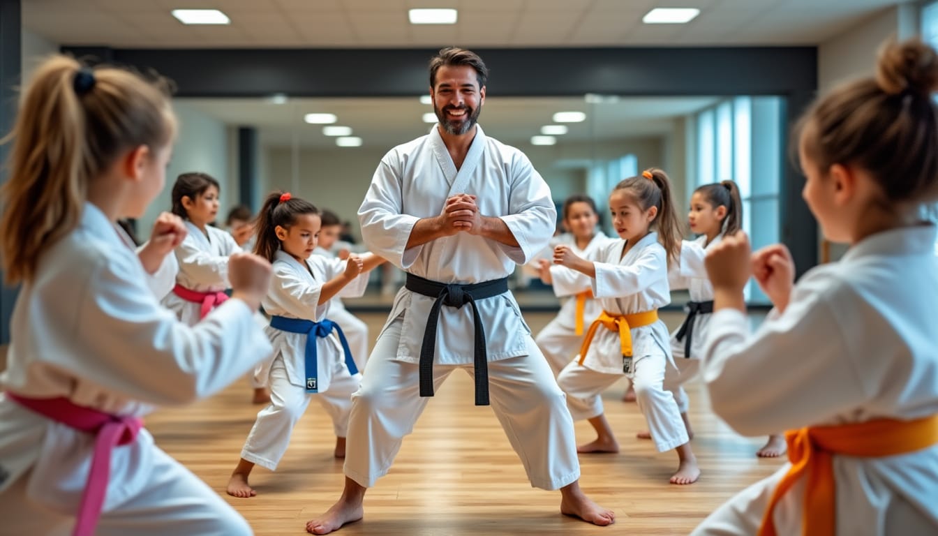 Instructeur de karate ceinture noire entraine un groupe d'enfants en kimono