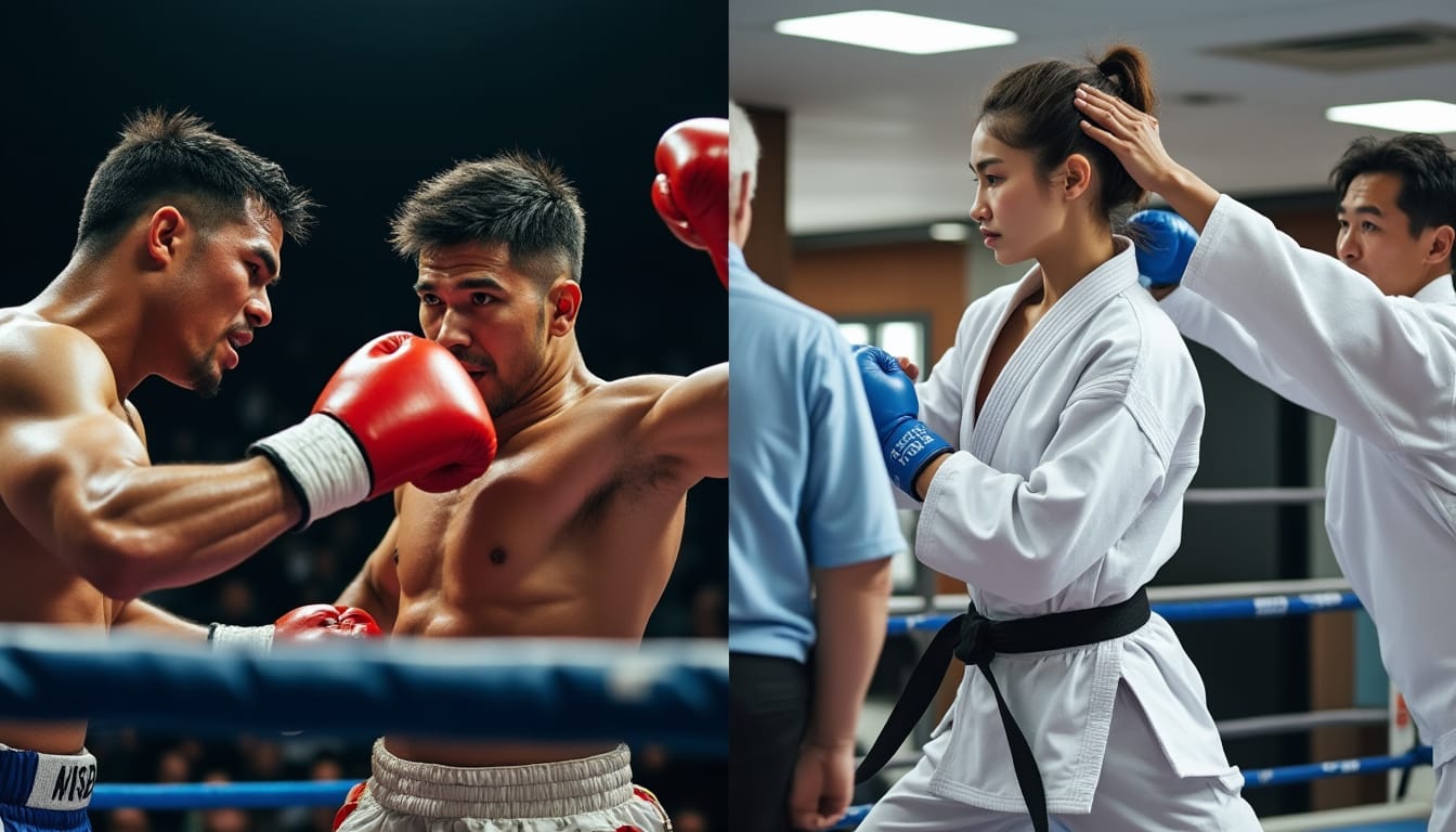 Diptyque boxe anglaise sur ring et pratiquantes de judo en kimono blanc
