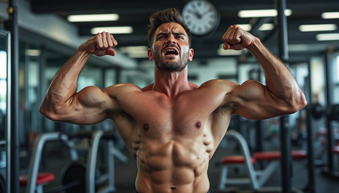Homme muscle torse nu contractant ses biceps dans une salle de sport