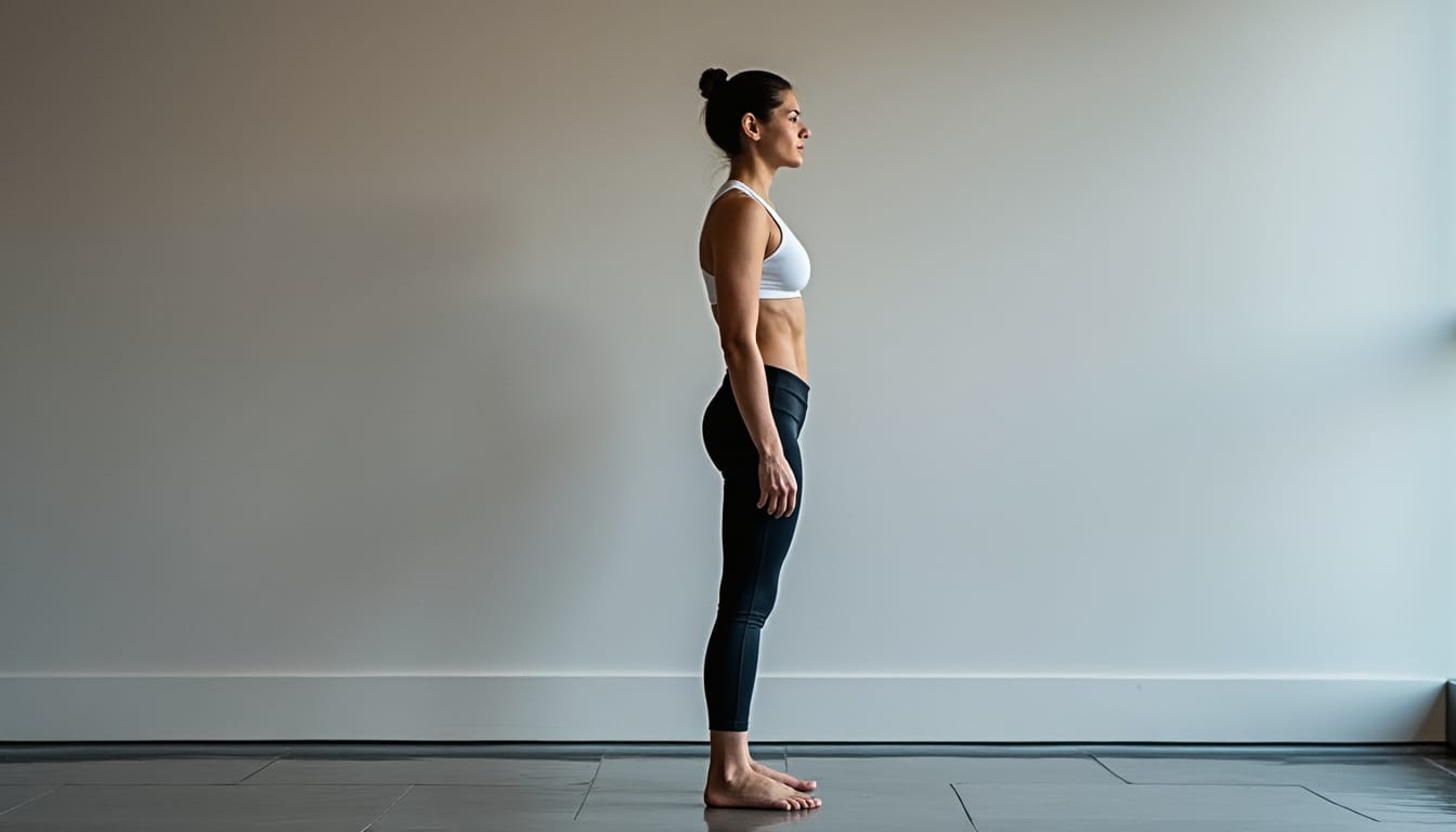 Femme en tenue de sport debout de profil, posture droite, devant un mur neutre
