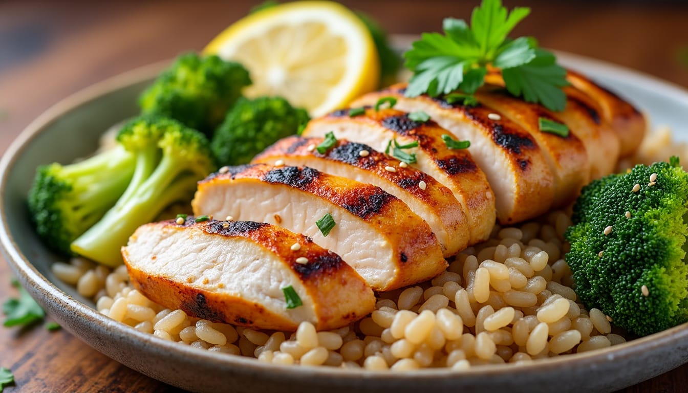 Assiette de poulet grille tranche sur riz complet avec brocolis et citron