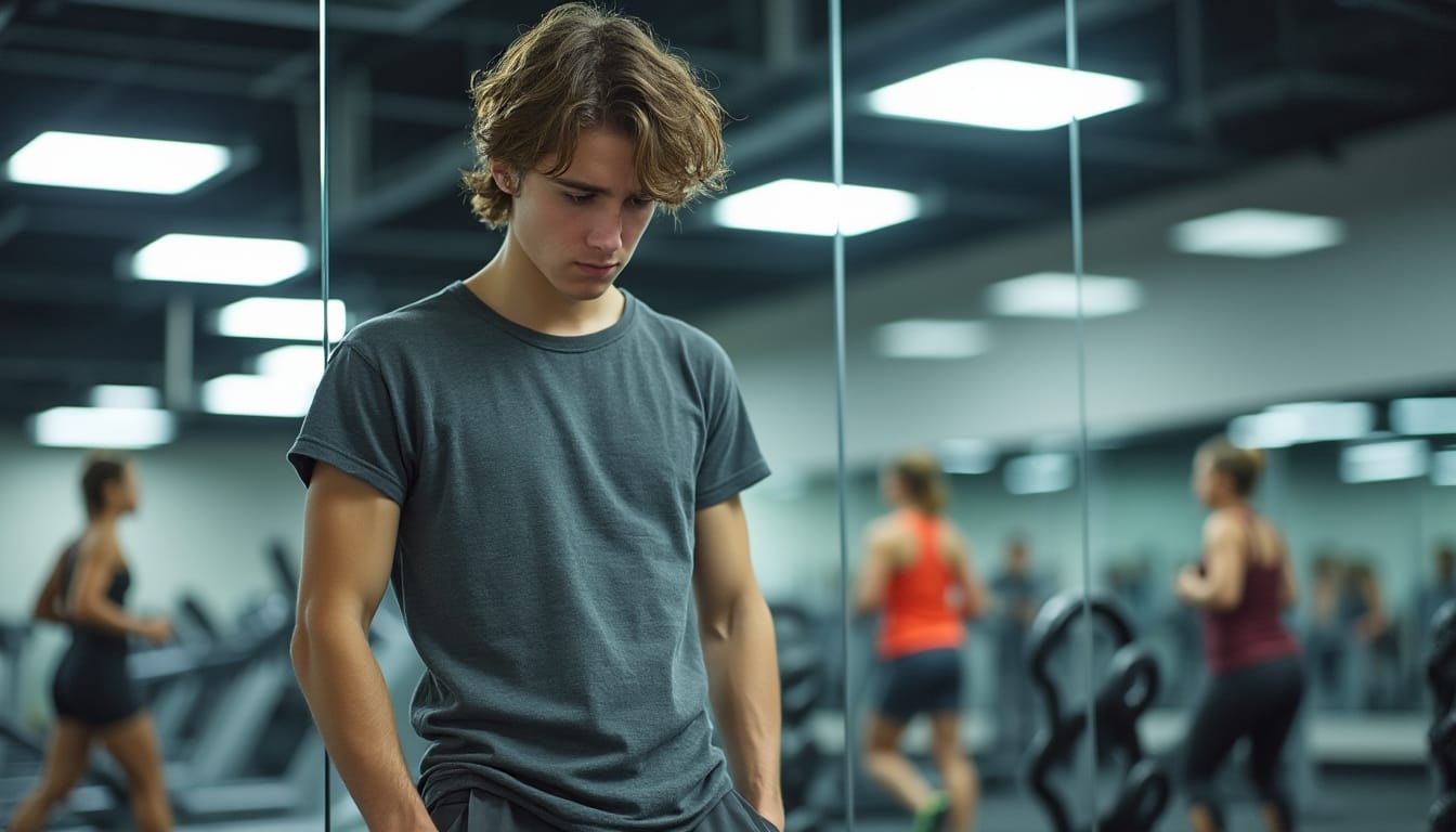 Jeune homme pensif tete baissee dans une salle de sport devant un miroir