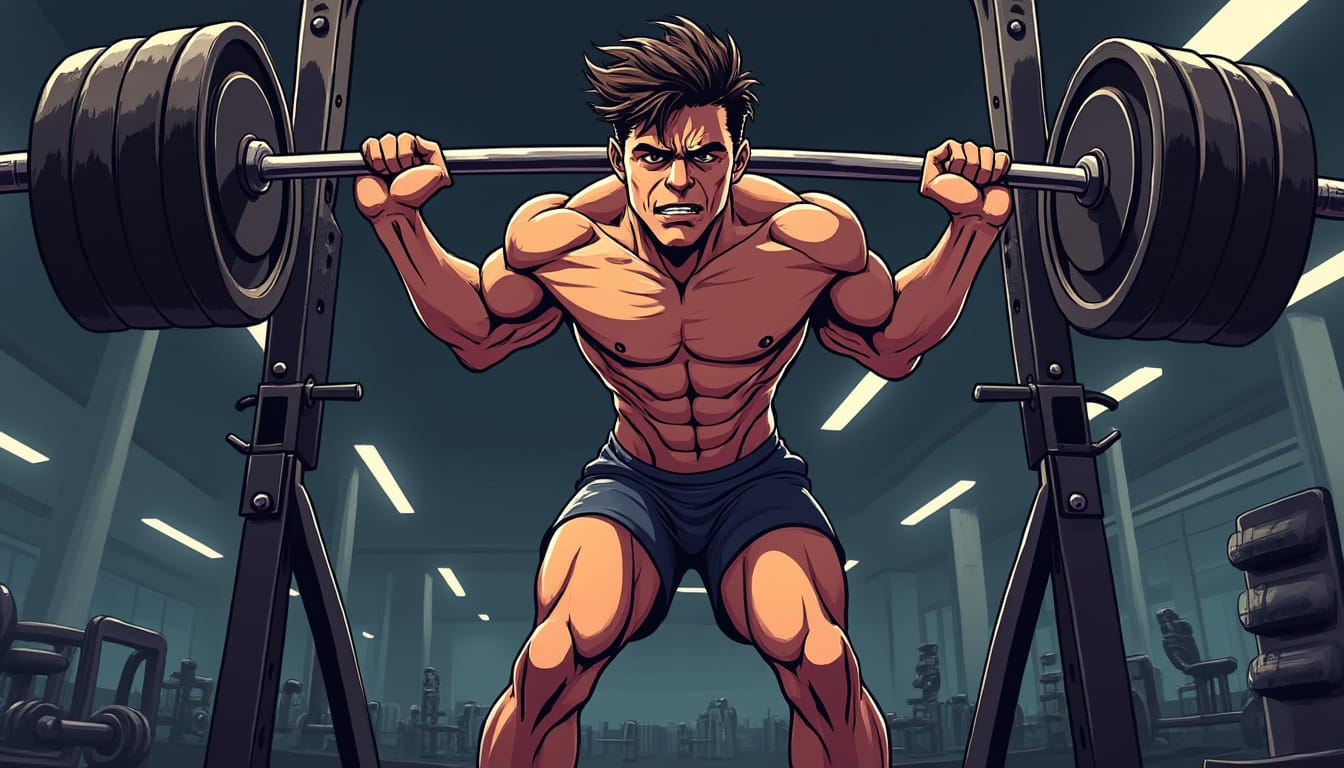 Illustration manga d'un homme musculeux faisant un squat avec barre lourde
