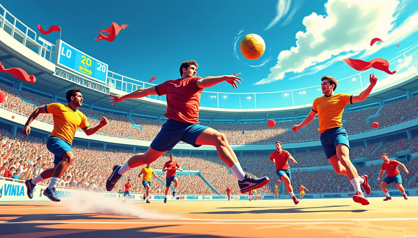 Illustration coloree de joueurs de handball en pleine action dans un stade