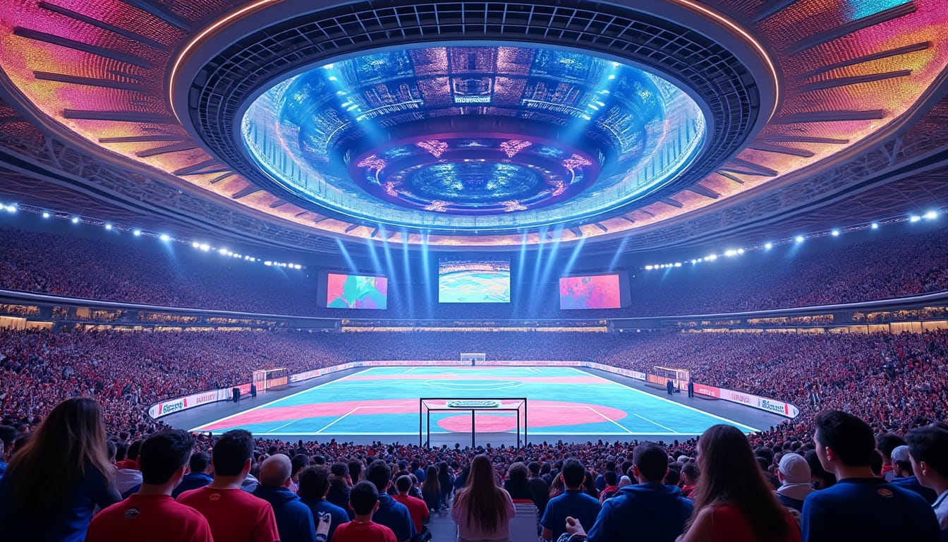 Arena couverte illuminee en bleu avec terrain de sport et foule de spectateurs