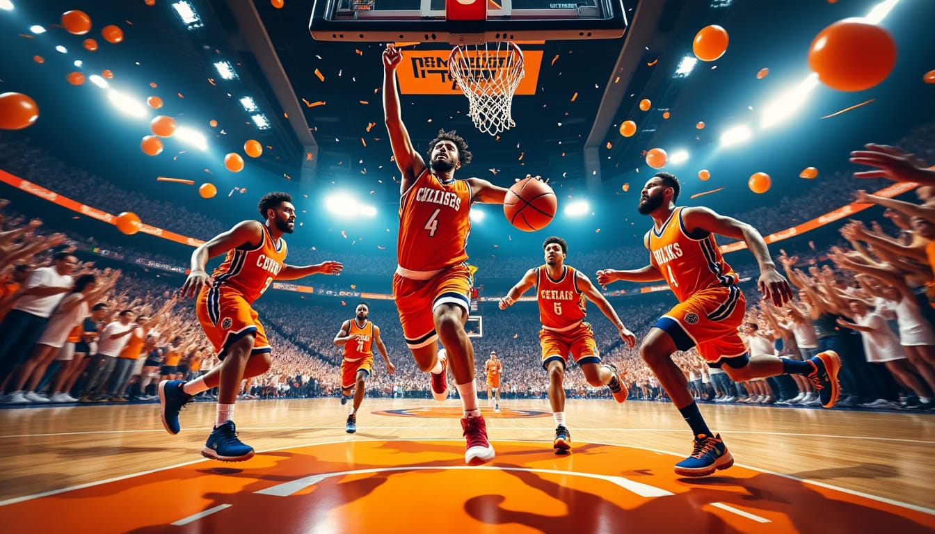 Joueurs de basketball en maillot orange en pleine action sous le panier