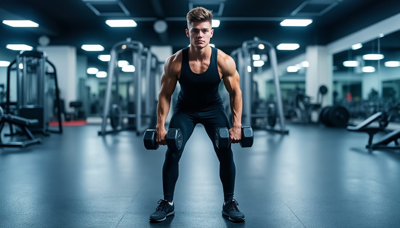 Homme en tenue noire tenant deux halteres en position de deadlift dans une salle sombre