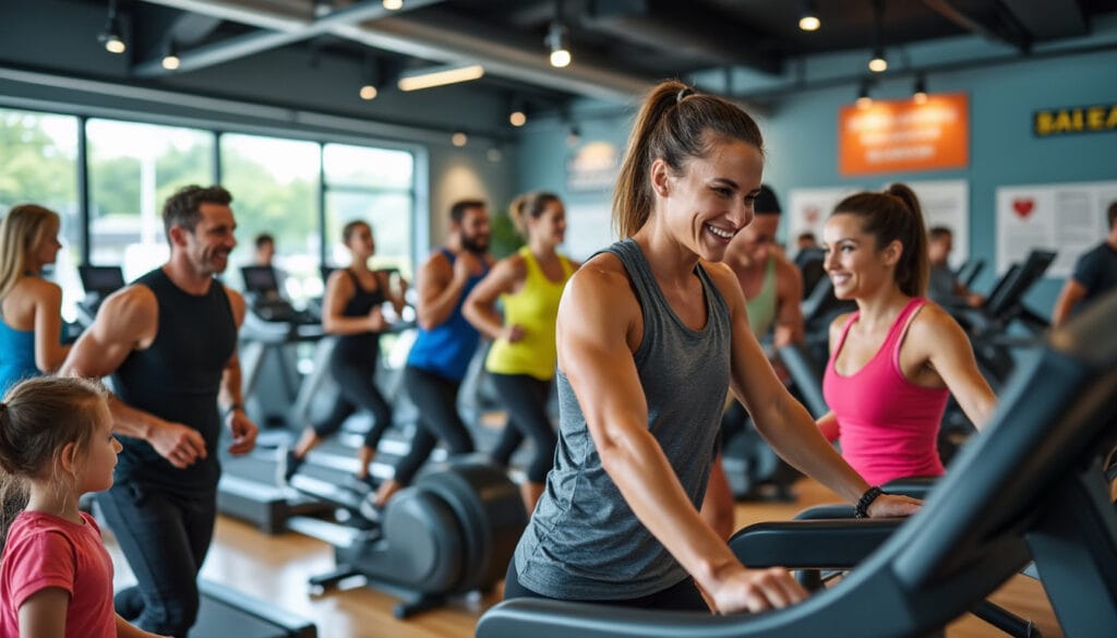 Femme souriante sur tapis de course entouree de sportifs dans une salle animee