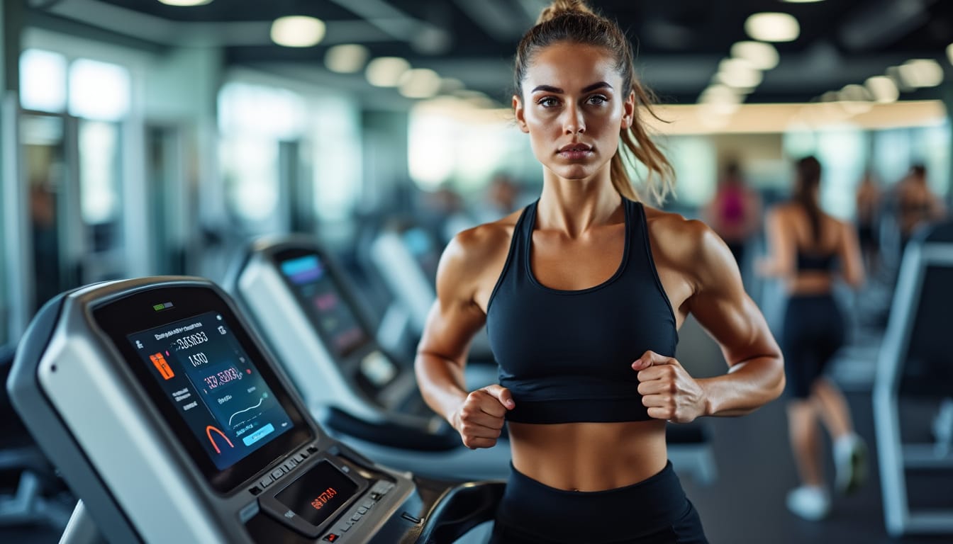 Femme courant sur un tapis de course a cote d'un ecran de donnees cardio