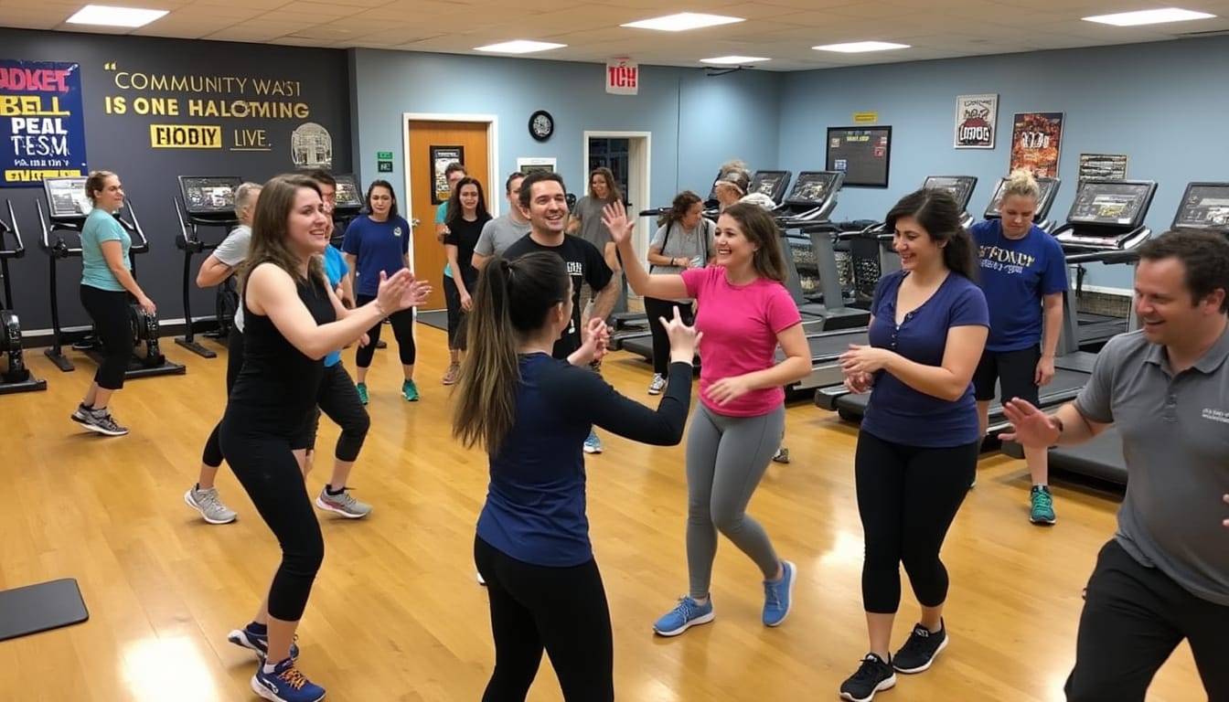 Groupe joyeux dansant et se tapant dans les mains dans une salle de sport