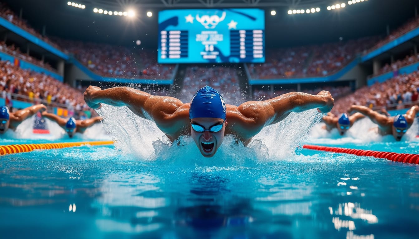 Nageur en bonnet bleu nageant le papillon dans une piscine de competition