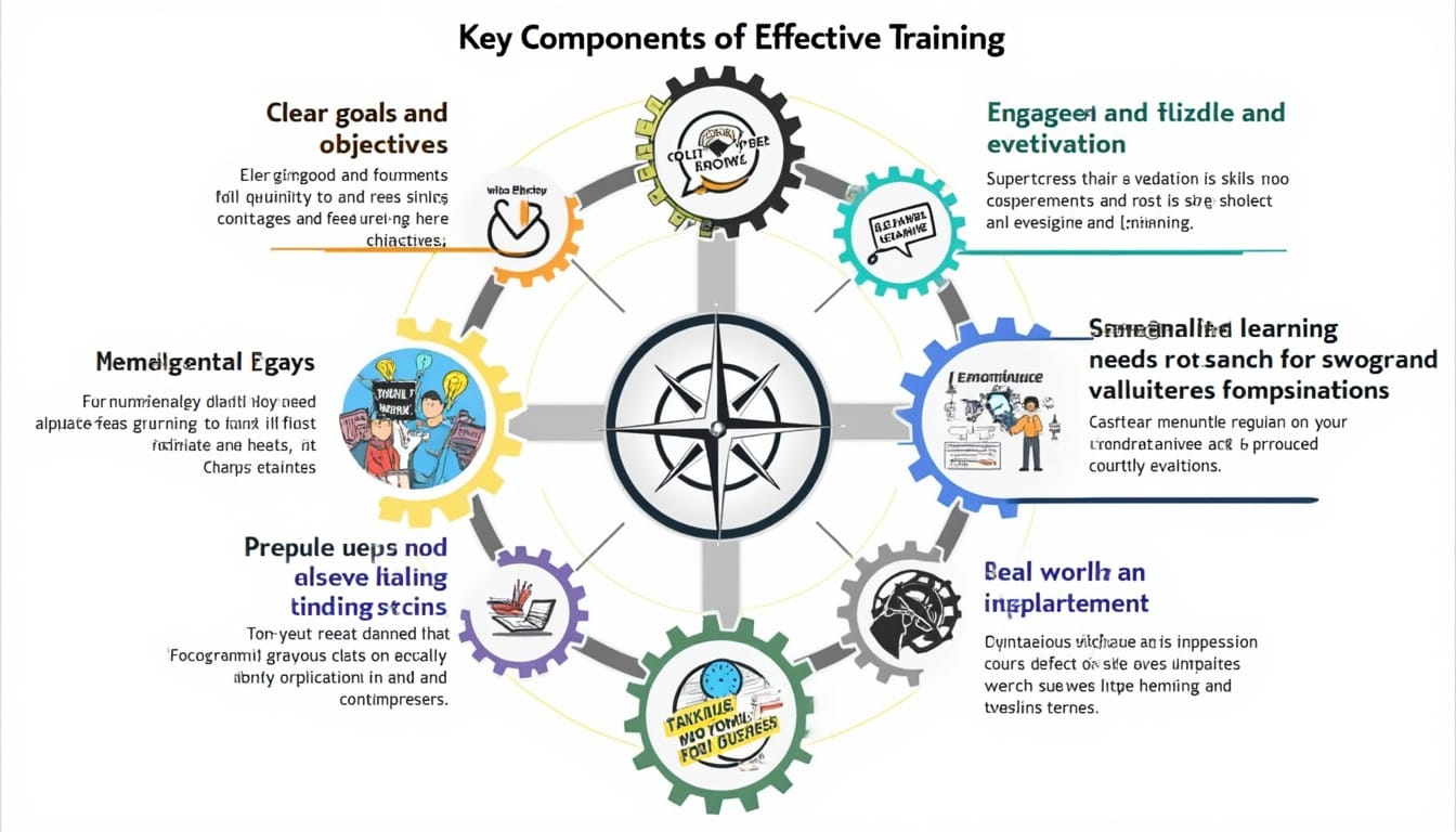 Infographie illustree avec engrenages colores sur les composantes d'un entrainement efficace