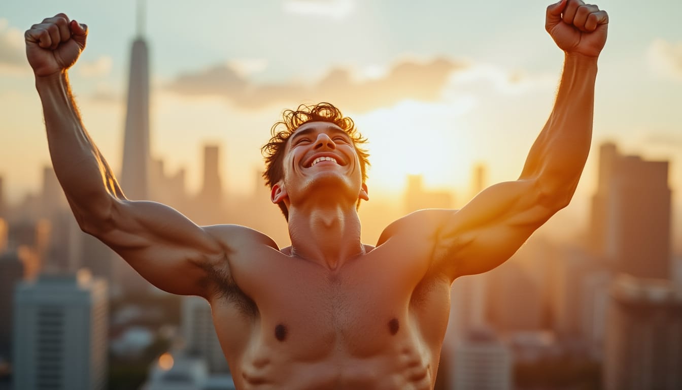 Homme torse nu bras leves en signe de victoire devant un coucher de soleil urbain