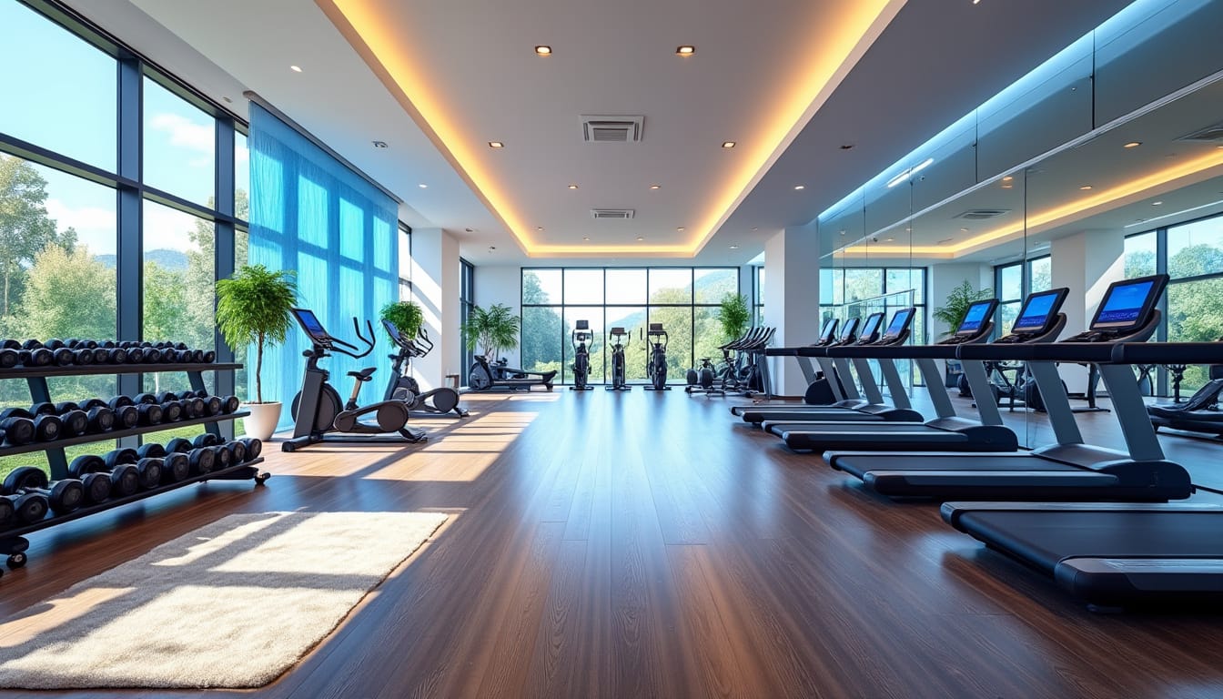 Salle de sport moderne vide avec tapis de course, velos et halteraires, baies vitrees