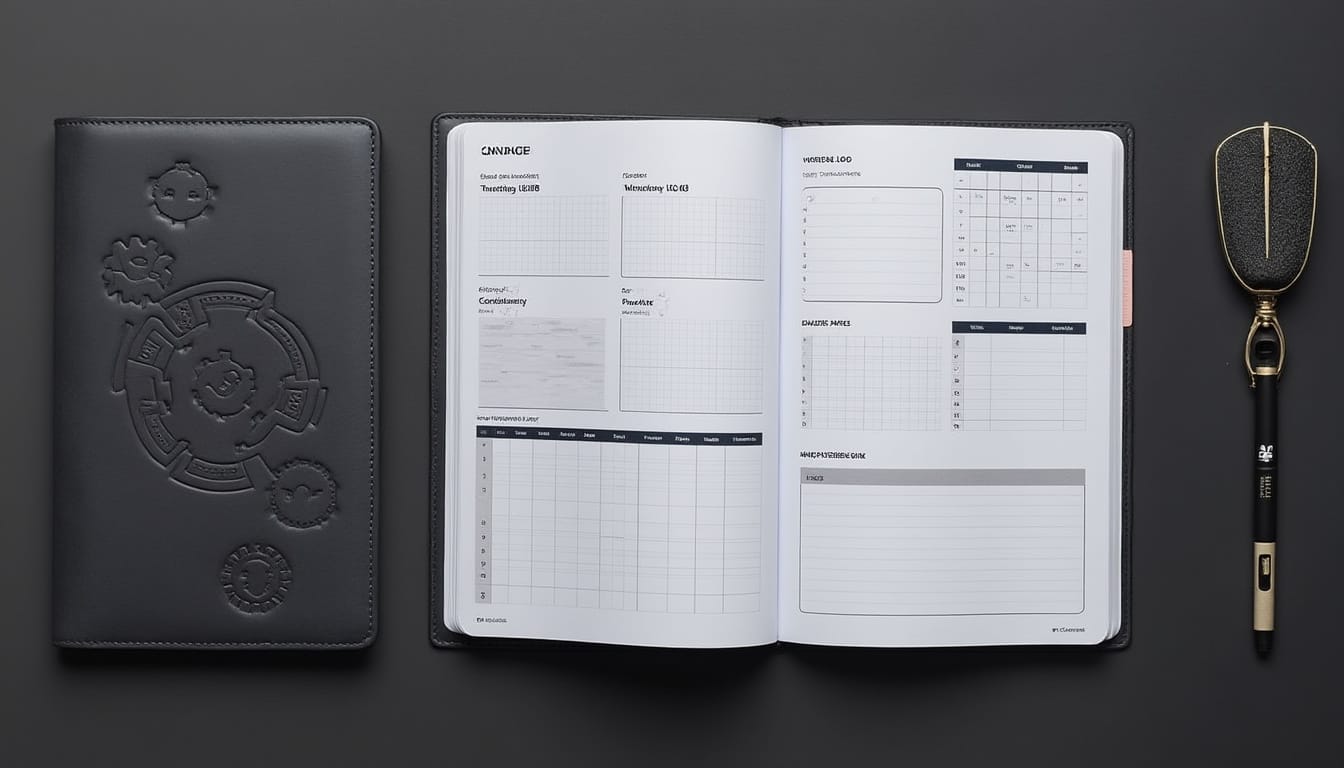 Carnet de suivi d'entrainement ouvert avec tableaux et stylo sur fond sombre