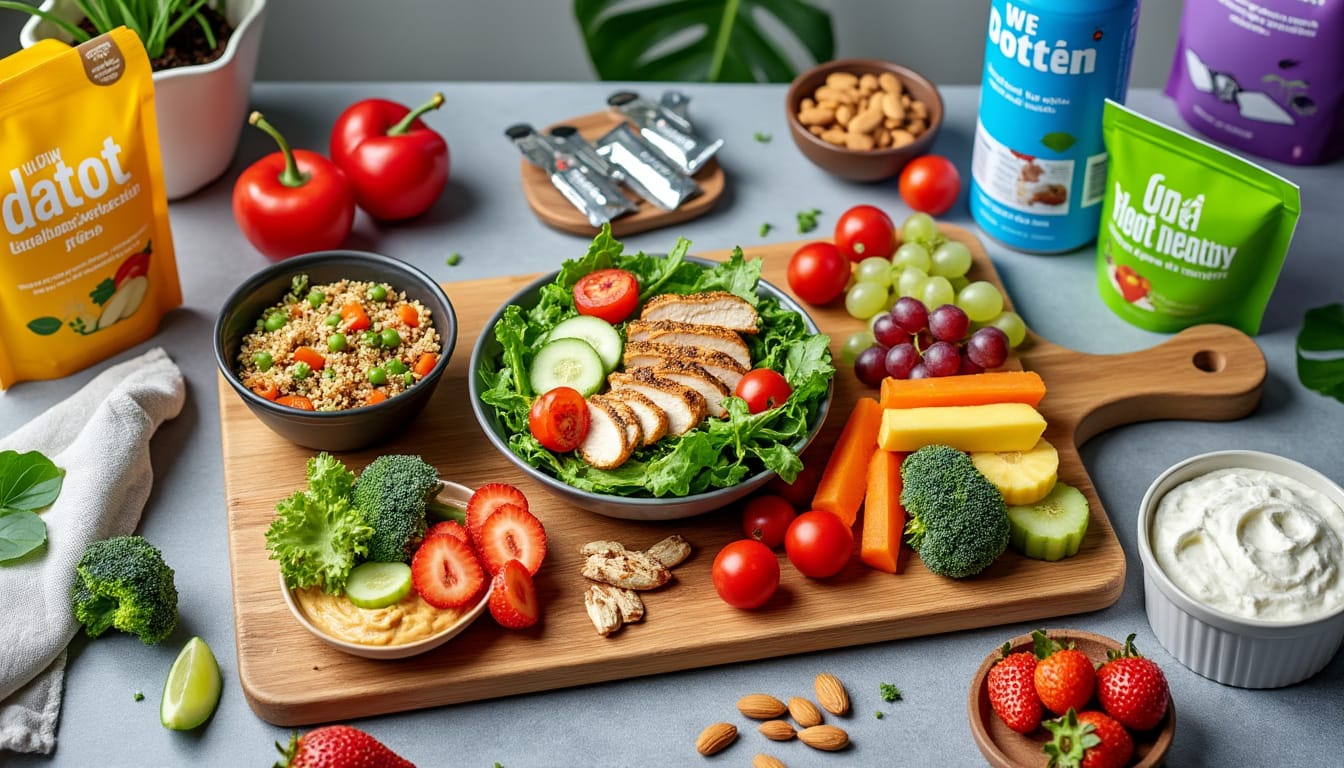 Plateau repas sain avec salade, poulet, fruits, legumes et complements proteines