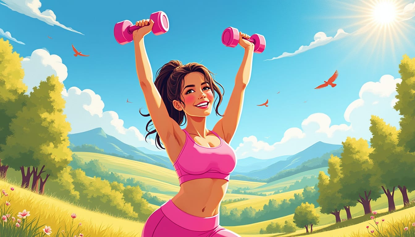Illustration d'une femme souriante soulevant des halteres roses dans un paysage verdoyant