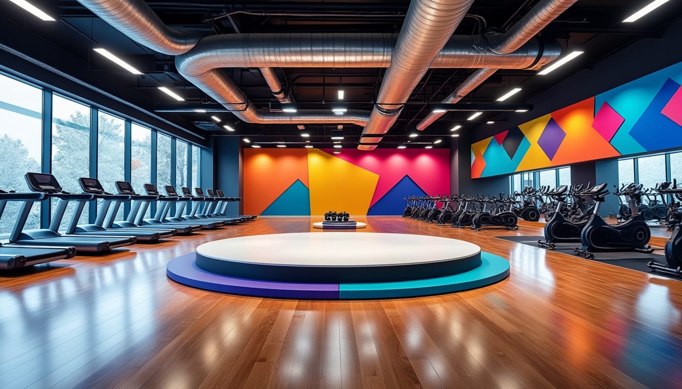 Grande salle de sport coloree avec tapis de course, velos et murs graphiques