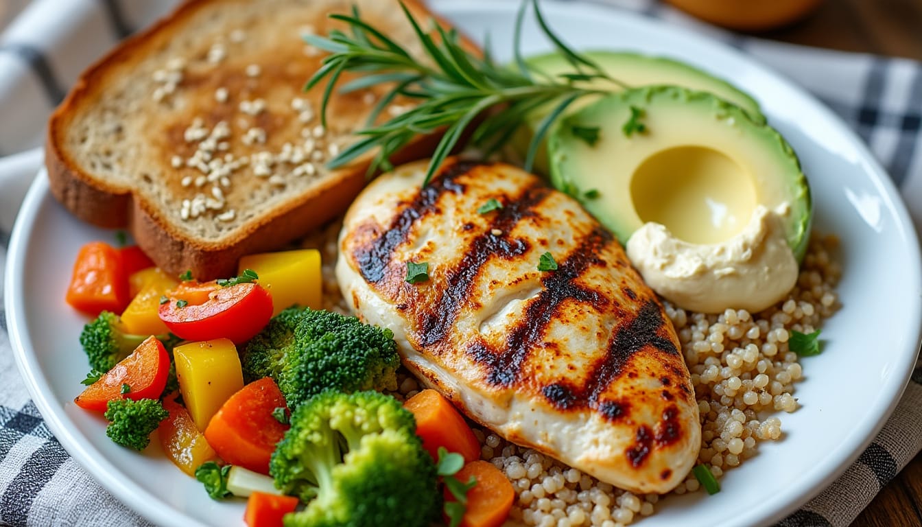Assiette equilibree avec poulet grille, quinoa, avocat, legumes et toast aux graines
