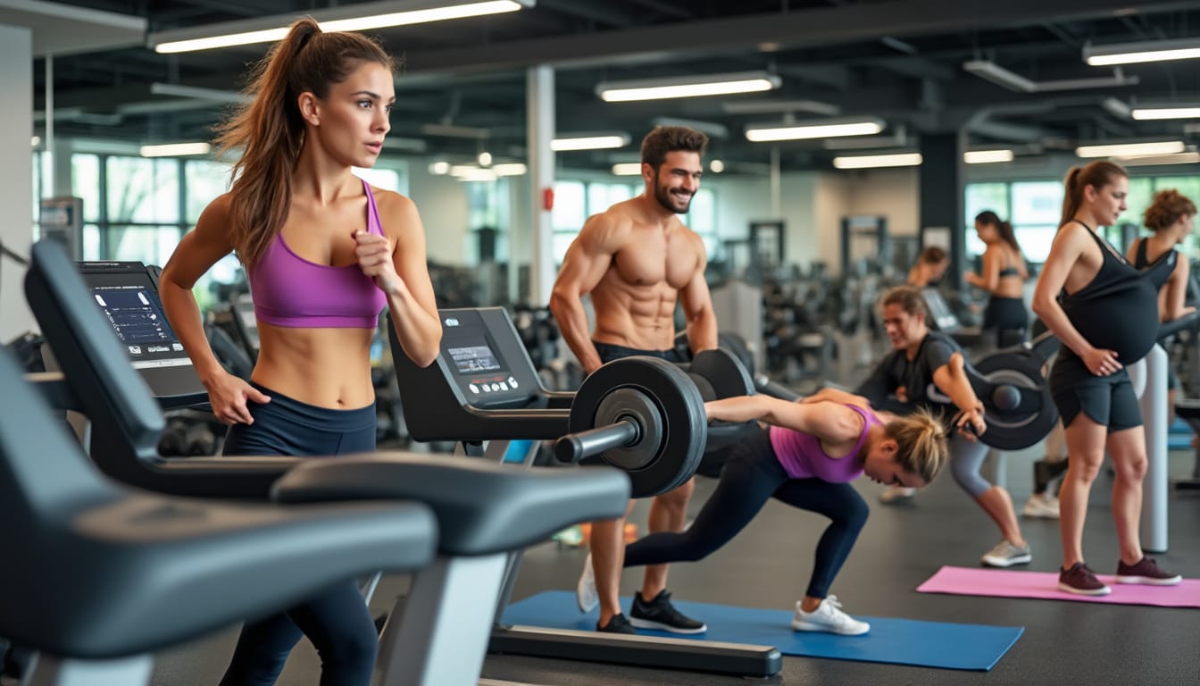 Sportifs varies s'entrainant sur tapis de course et avec barres dans une salle animee