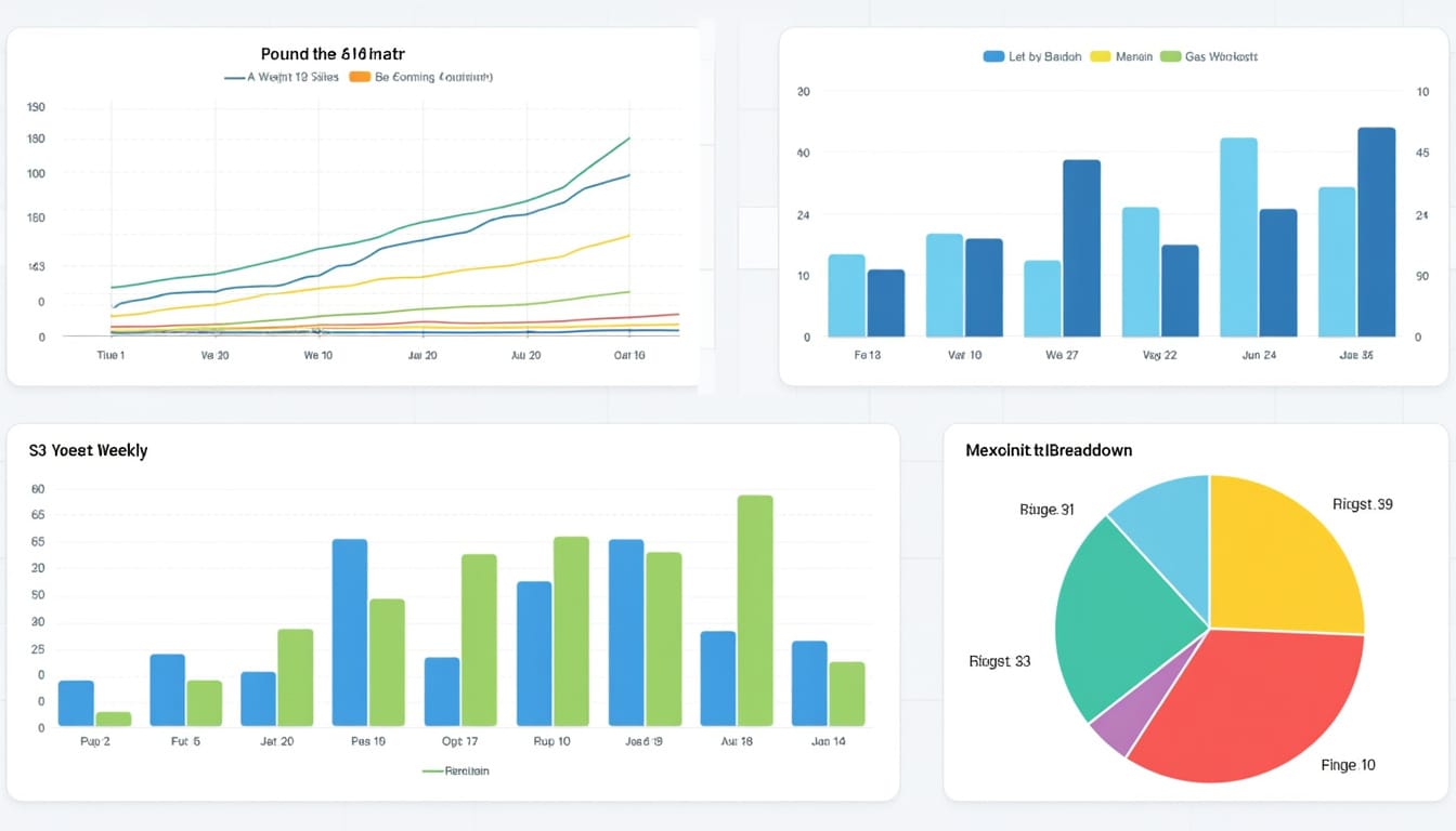 Tableau de bord avec graphiques de performance sportive : courbes, barres et camembert