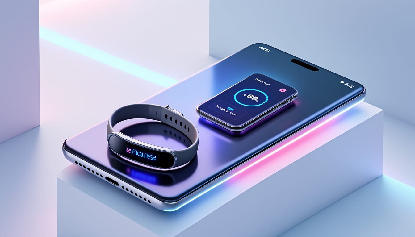 Bracelet connecte et smartphone affichant une application fitness sur fond clair