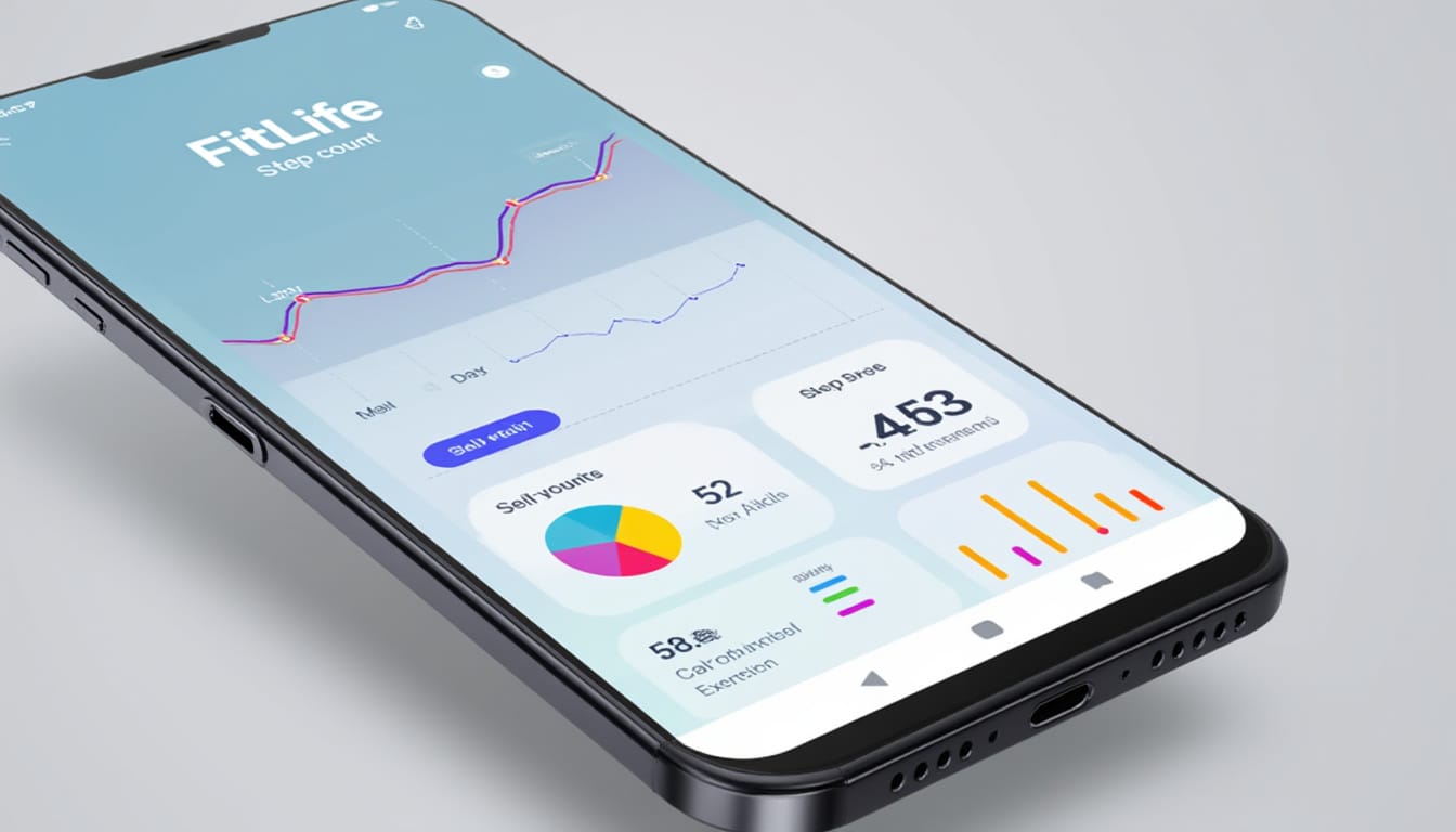 Smartphone affichant une application de suivi de pas et calories avec graphiques