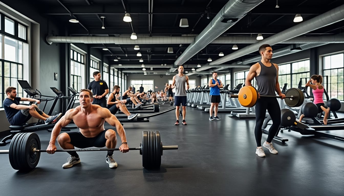 Sportifs s'entrainant avec barres et halteres dans une grande salle de musculation