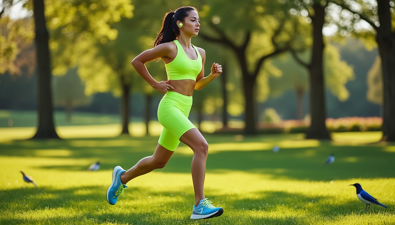 Femme en tenue fluo courant dans un parc verdoyant ensoleille