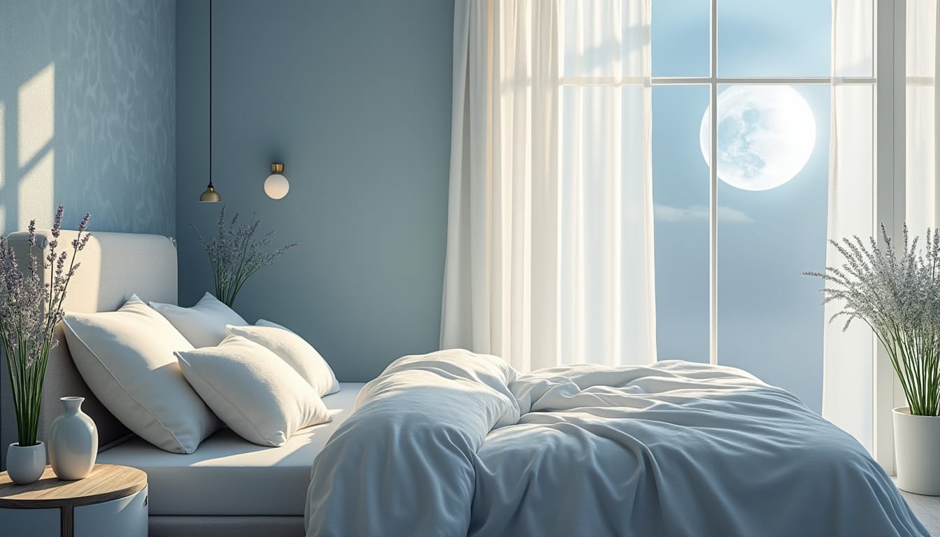 Chambre apaisante en bleu avec lit douillet eclaire par la pleine lune et lavande