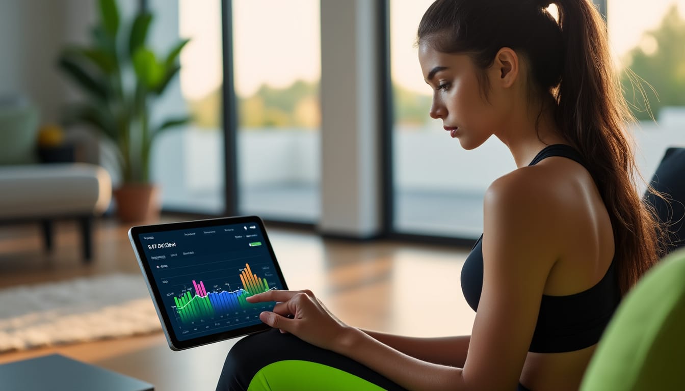 Femme sportive consultant des graphiques de performance sur une tablette