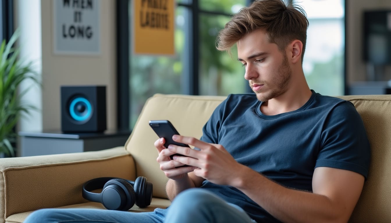Jeune homme assis sur un canape consultant son telephone avec un casque audio a cote