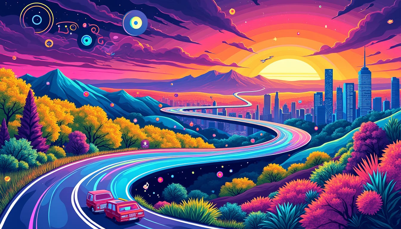Illustration coloree d'un paysage nocturne avec route sinueuse vers une ville et coucher de soleil