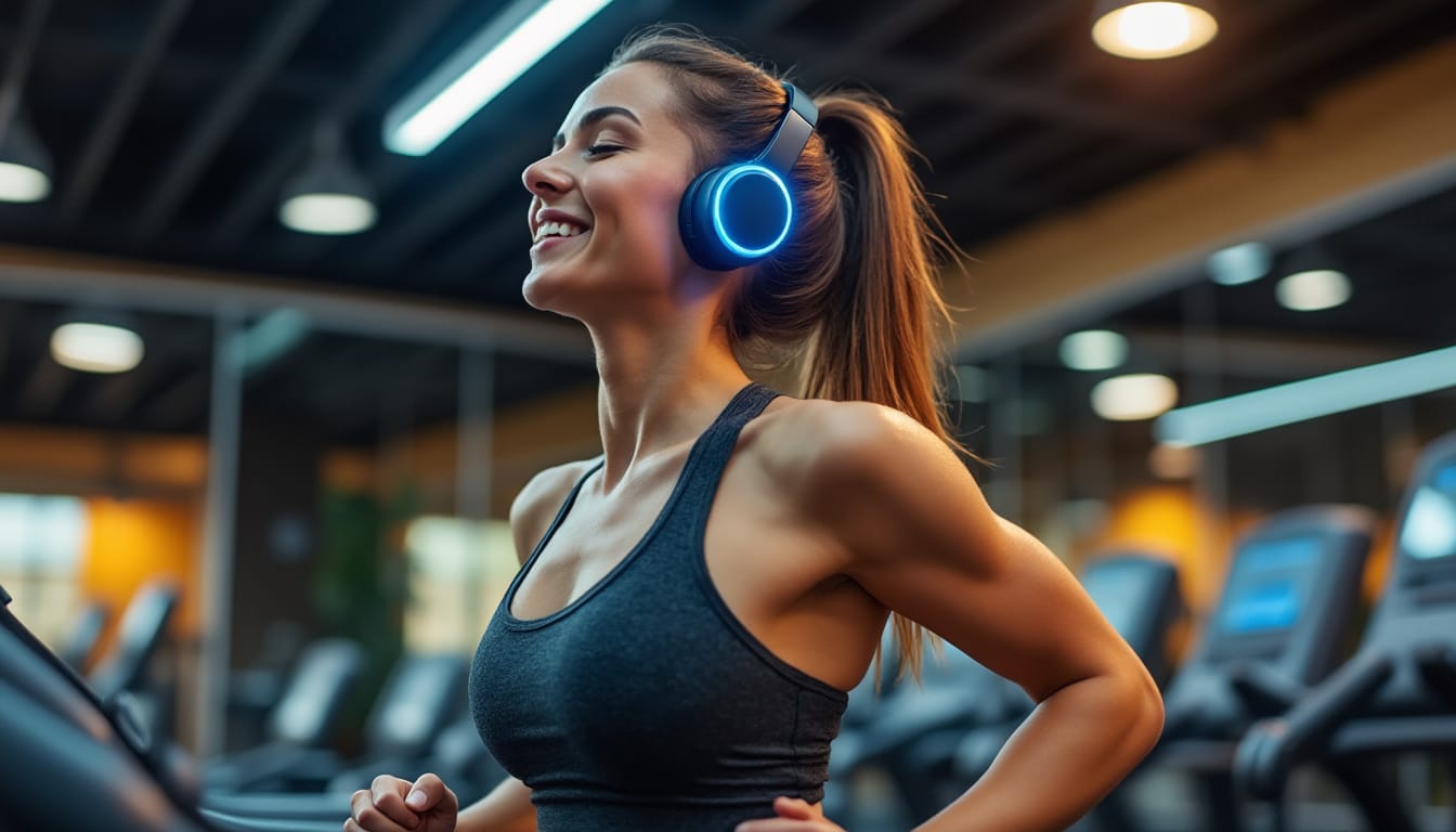 Femme souriante portant un casque lumineux bleu sur un tapis de course en salle