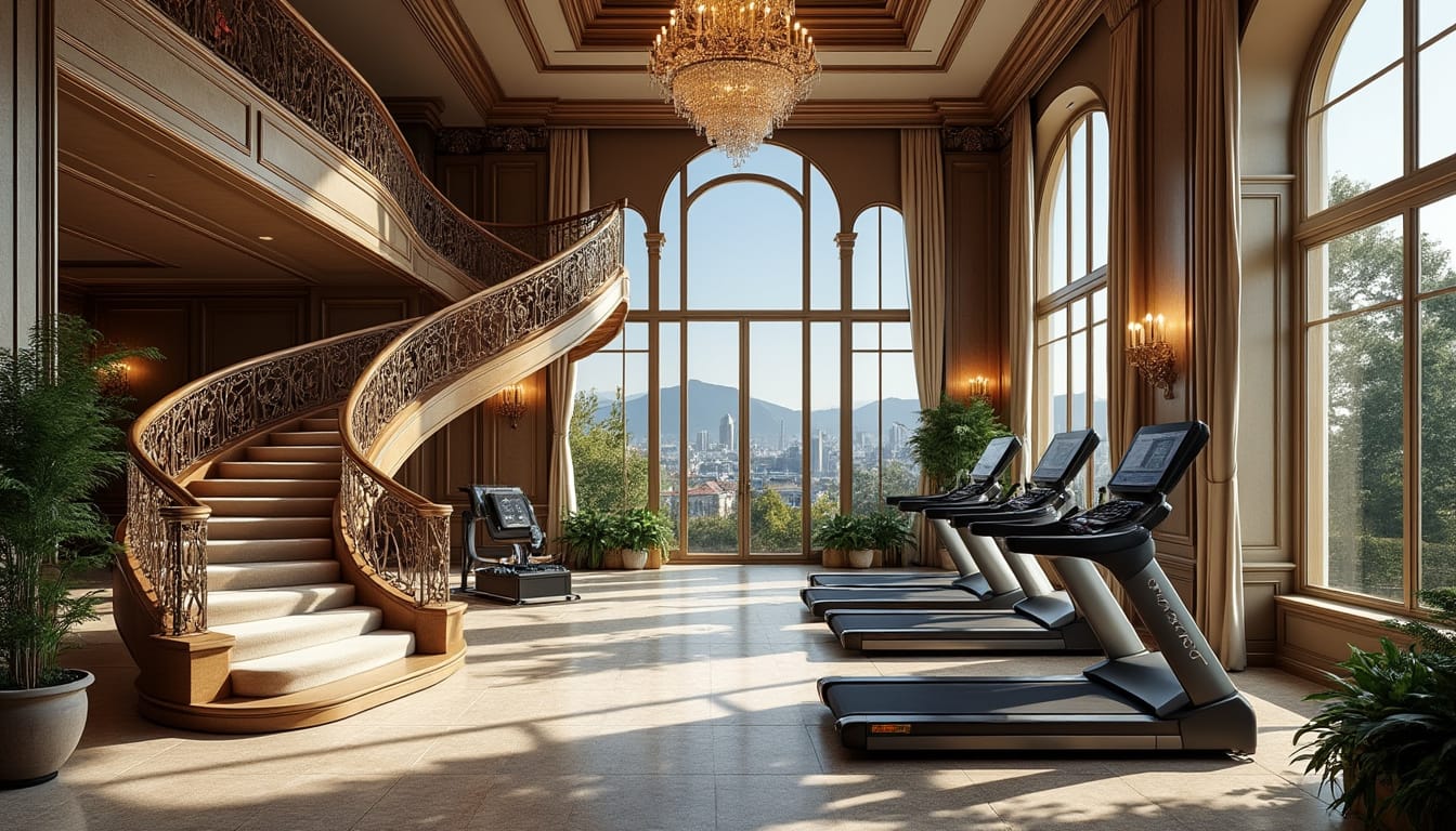 Salle de sport opulente avec escalier courbe en fer forge, lustre et tapis de course