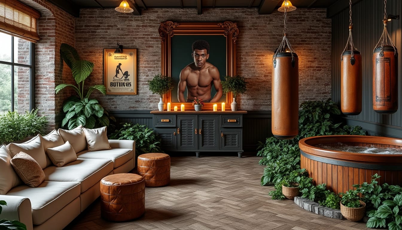 Salon lounge avec murs en briques, portrait encadre, sacs de boxe et jacuzzi en bois