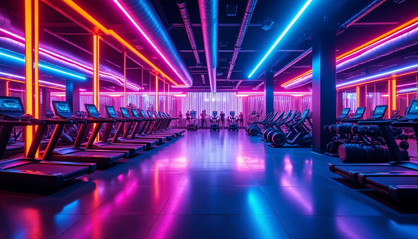 Salle de sport futuriste eclairee en neon rose et bleu avec tapis de course en rang