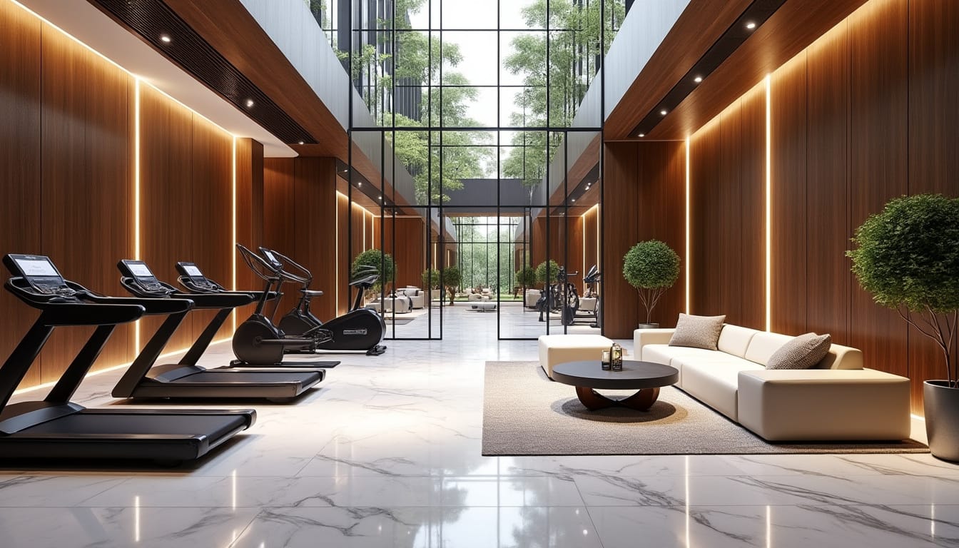 Salle de sport haut de gamme avec tapis de course, boiseries et verriere donnant sur un jardin