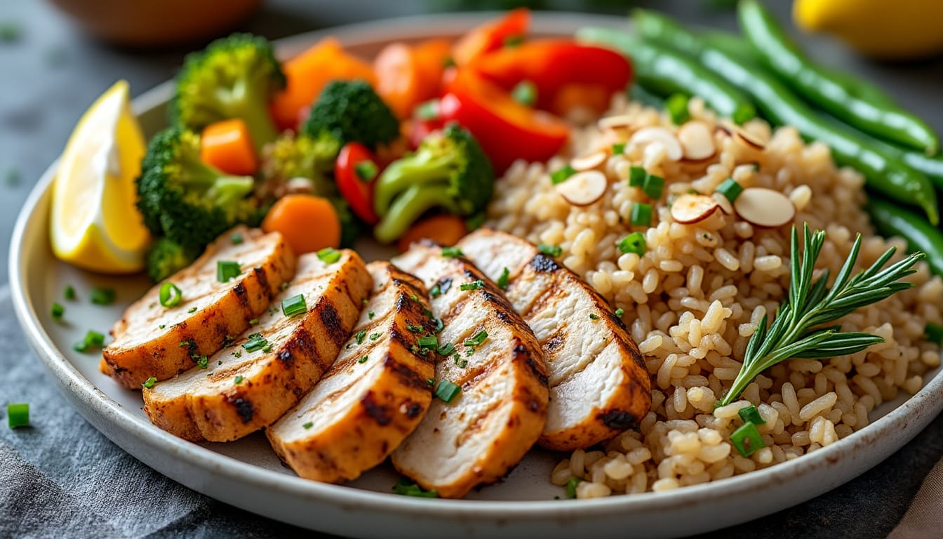 Assiette de poulet grille tranche avec riz, legumes colores et haricots verts