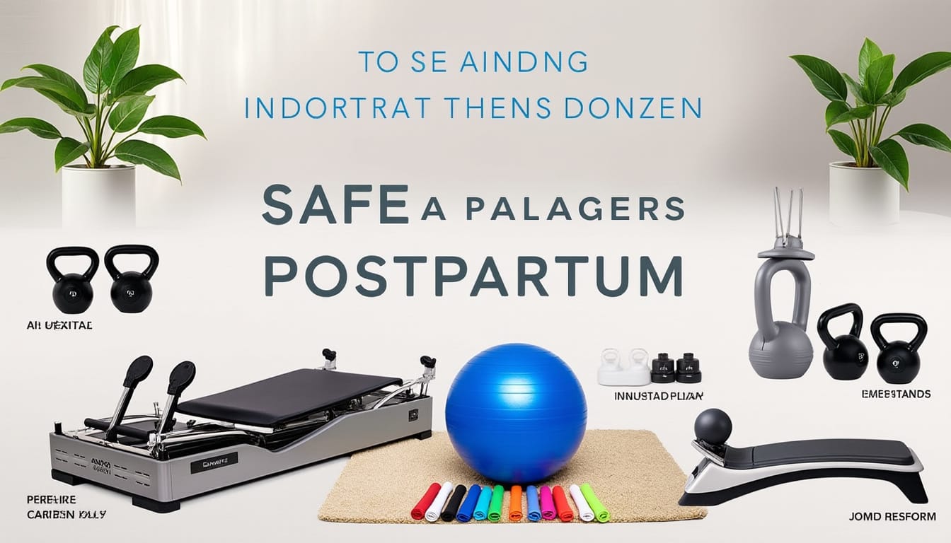 Equipement de fitness postpartum : kettlebells, reformer Pilates, ballon et bandes elastiques